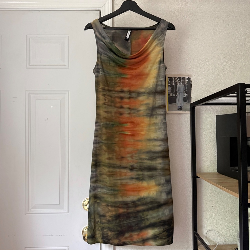 FOREVER 21 VINTAGE Multicolor tie dye mesh knit cowl bodycon midi dress